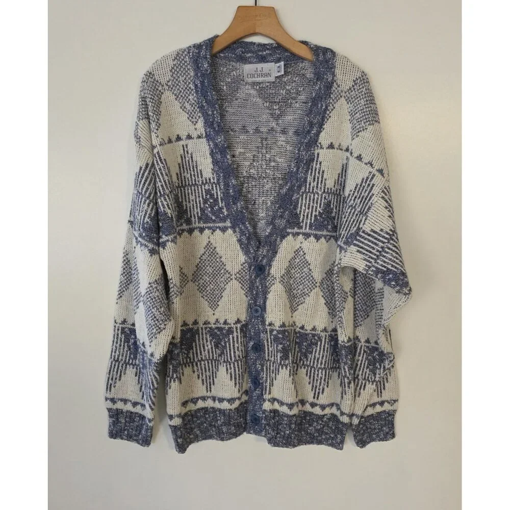 Vintage JJ Cochran Cardigan‎ Knit Grandpa Dad Mr Rogers USA Blue White Large